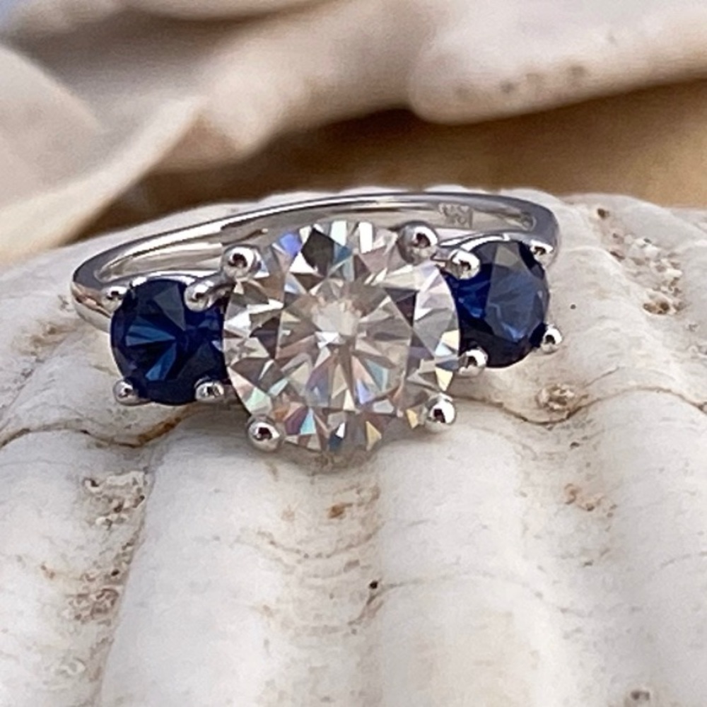Three stone perfect SS  moissanite  w/ Saphire